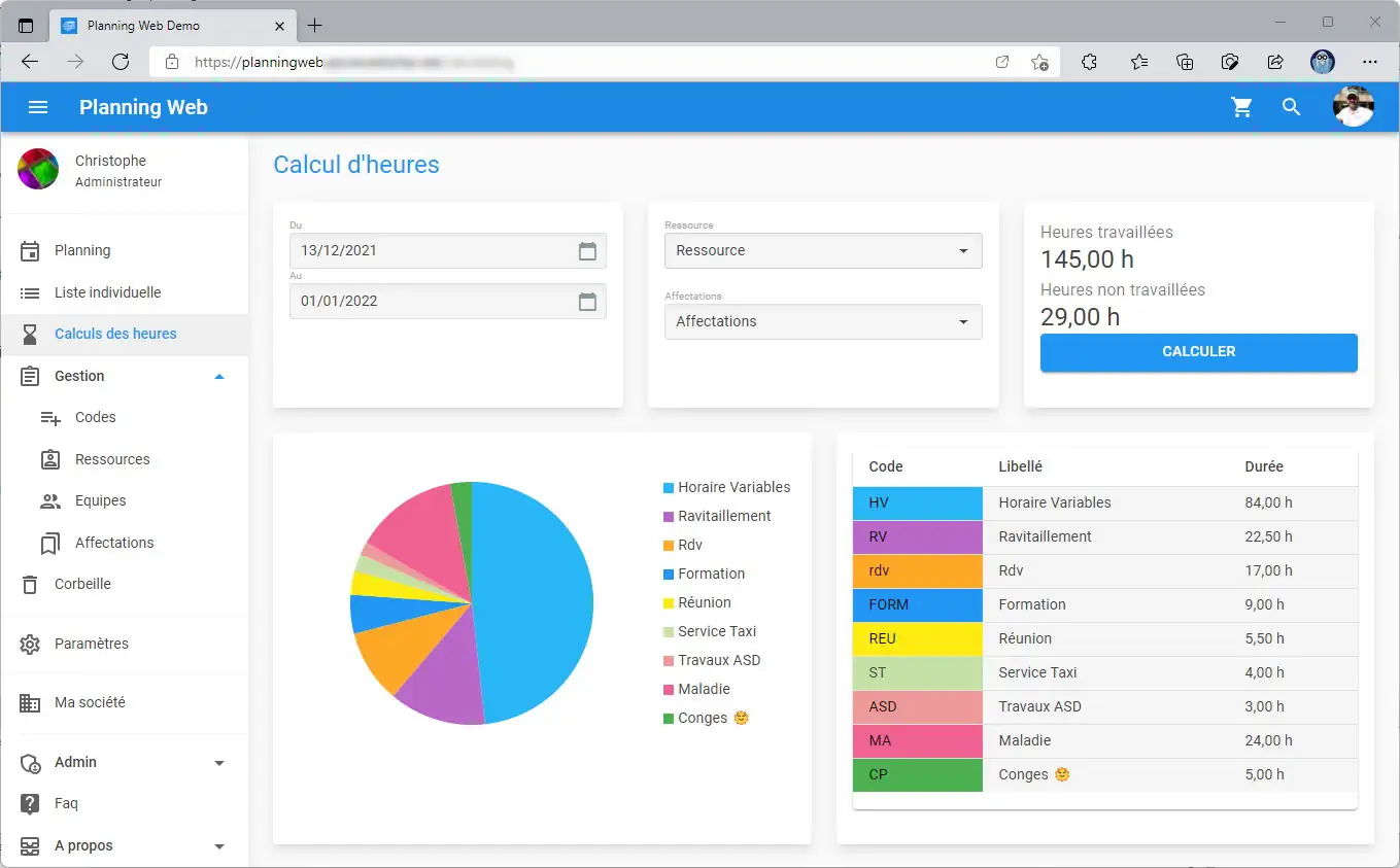 Calcul des heures de SodeaSoft planning Web